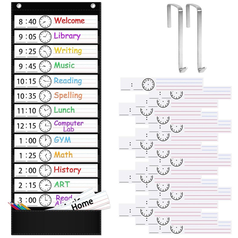 ZKOO Daily Schedule Pocket Chart, School Smart Pocket Chart with 18 Blank Double-Sided Reusable Cards, Teaching Scheduling Pocket Charts for Classroom 13+1 Pocket (Black) - Image 1